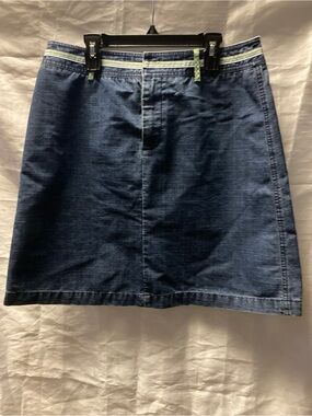 Kate Hill Blue Denim A-Line Skirt with Green-Trim Waist